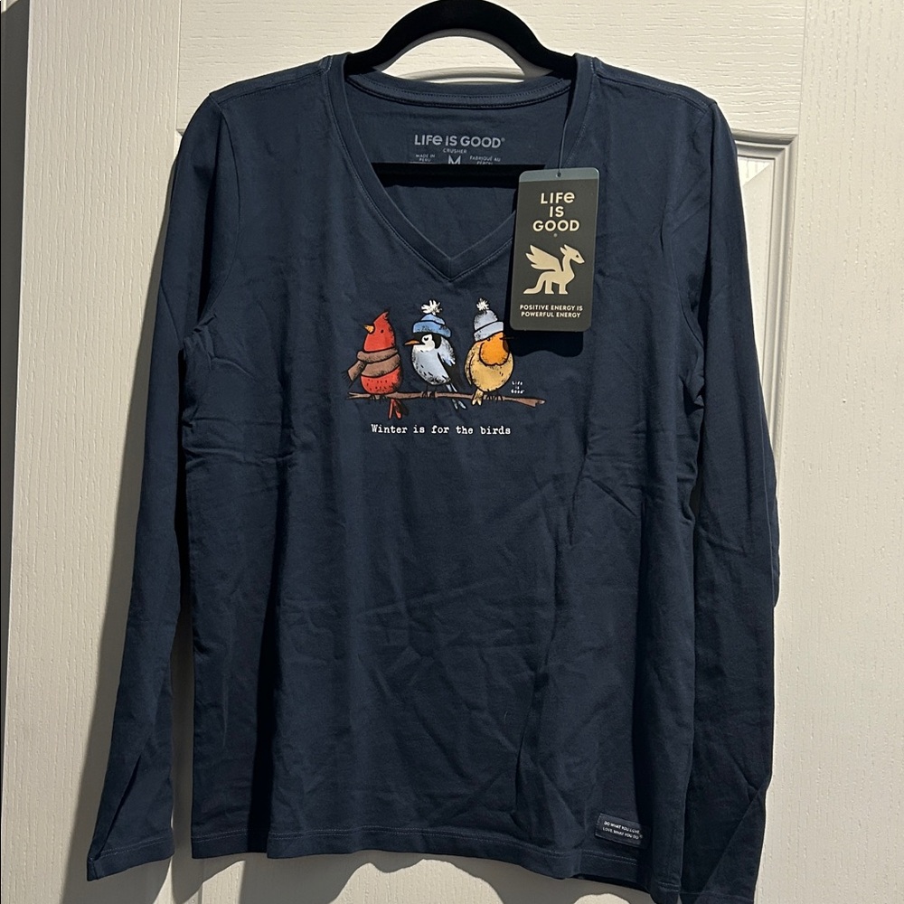 Life Is Good women’s Dark Blue Bird Graphic Long Sleeve Tee